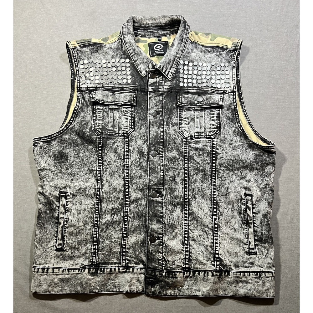 Vtg LRG Lifted Research Group Vest Mens 4XL Black Acid Wash Denim Camo Studded